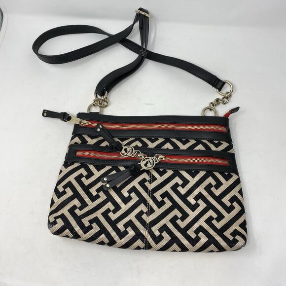 s-l400.jpg Spartina 449 Leather & Linen Handbag Crossbody Purse Zip Pockets Black Tan Cute!